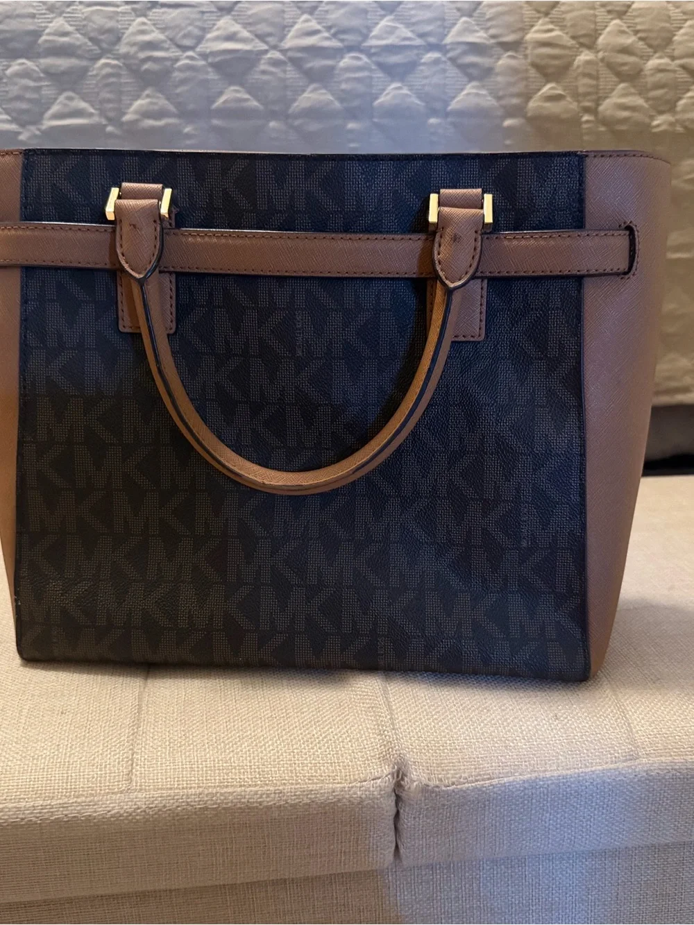 Michael Kors Black Logo Tote with Brown Trim and Gold Hardware